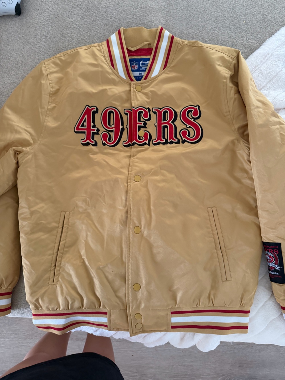 NFL San Francisco 49ers Tan Bomber Jacket with Red Logo